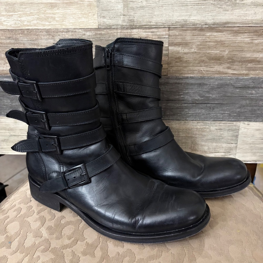 Rock & Republic Black Leather Multi Strap Buckle Moto Boots Spain Size 41